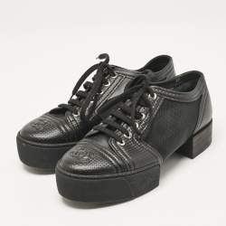 Pre Owned Chanel Black Leather and Mesh Platform Low Top Sneakers Size 38