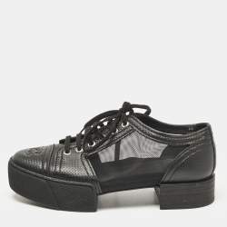 Pre Owned Chanel Black Leather and Mesh Platform Low Top Sneakers Size 38