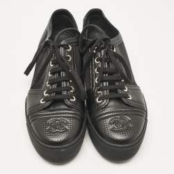 Pre Owned Chanel Black Leather and Mesh Platform Low Top Sneakers Size 38