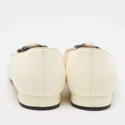 Pre Owned Chanel Beige/Black Leather Faux Pearl Camelia Ballet Flats Size 38