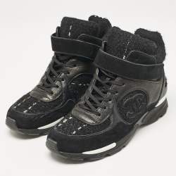 Chanel Black Tweed, Suede and Leather CC High Top Sneakers Size 38