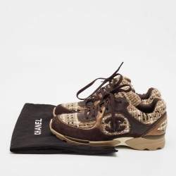 Pre Owned Chanel Dark Brown/Beige Suede and Tweed Low Top Sneakers Size 38.5