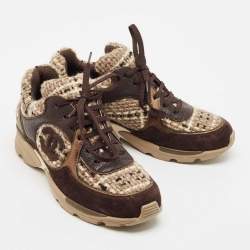 Pre Owned Chanel Dark Brown/Beige Suede and Tweed Low Top Sneakers Size 38.5