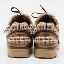 Pre Owned Chanel Dark Brown/Beige Suede and Tweed Low Top Sneakers Size 38.5