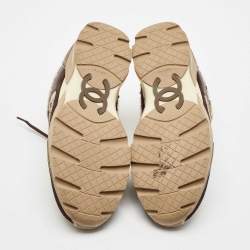 Pre Owned Chanel Dark Brown/Beige Suede and Tweed Low Top Sneakers Size 38.5