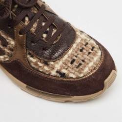 Pre Owned Chanel Dark Brown/Beige Suede and Tweed Low Top Sneakers Size 38.5
