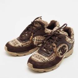Pre Owned Chanel Dark Brown/Beige Suede and Tweed Low Top Sneakers Size 38.5