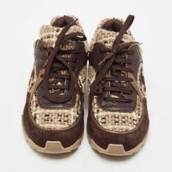 Pre Owned Chanel Dark Brown/Beige Suede and Tweed Low Top Sneakers Size 38.5
