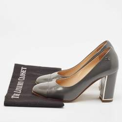 Chanel Grey Leather Cap Toe CC Block Heel Pumps Size 37