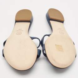 Pre Owned Chanel Navy Blue Leather CC Camellia Flat Sandals Size 39