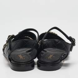 Pre Owned Chanel Black Leather Chain Detail Flat Sandals Size 38.5