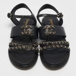 Pre Owned Chanel Black Leather Chain Detail Flat Sandals Size 38.5