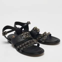 Pre Owned Chanel Black Leather Chain Detail Flat Sandals Size 38.5