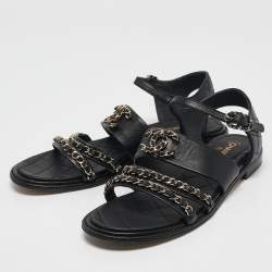 Pre Owned Chanel Black Leather Chain Detail Flat Sandals Size 38.5