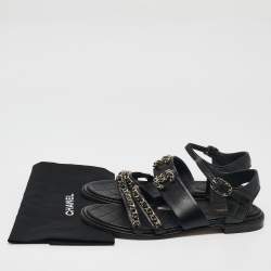 Pre Owned Chanel Black Leather Chain Detail Flat Sandals Size 38.5