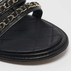 Pre Owned Chanel Black Leather Chain Detail Flat Sandals Size 38.5