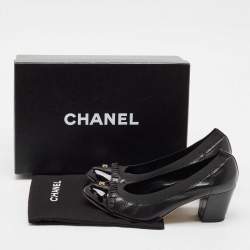 Chanel Black Leather and Patent Leather Scrunch Block Heel Pumps Size 37.5
