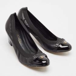 Chanel Black Leather and Patent Leather Scrunch Block Heel Pumps Size 37.5