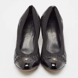 Chanel Black Leather and Patent Leather Scrunch Block Heel Pumps Size 37.5