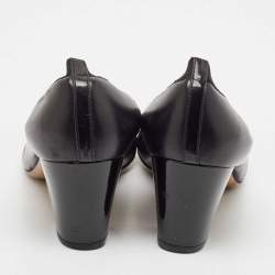 Chanel Black Leather and Patent Leather Scrunch Block Heel Pumps Size 37.5