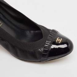 Chanel Black Leather and Patent Leather Scrunch Block Heel Pumps Size 37.5