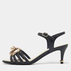 Pre Owned Chanel Black Leather Camellia Ankle Strap Sandals Size 37.5