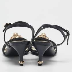 Pre Owned Chanel Black Leather Camellia Ankle Strap Sandals Size 37.5