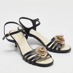 Pre Owned Chanel Black Leather Camellia Ankle Strap Sandals Size 37.5