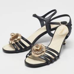 Pre Owned Chanel Black Leather Camellia Ankle Strap Sandals Size 37.5