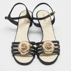 Pre Owned Chanel Black Leather Camellia Ankle Strap Sandals Size 37.5