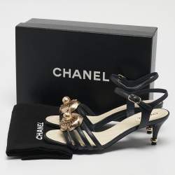 Pre Owned Chanel Black Leather Camellia Ankle Strap Sandals Size 37.5