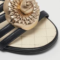 Pre Owned Chanel Black Leather Camellia Ankle Strap Sandals Size 37.5