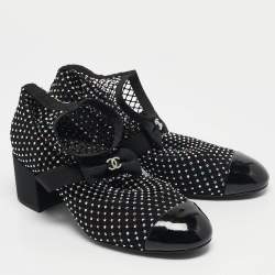 Chanel Black Lace and Patent Leather 23S Crystal Embellished Sock Boots Size 37