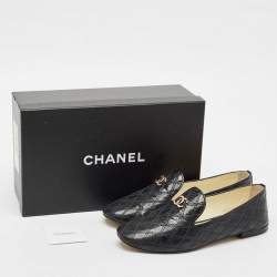Chanel Black Quilted Patent Leather Smoking Slippers Size 38