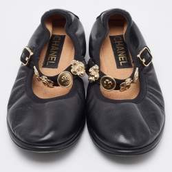 Pre Owned Chanel Black Leather Charm Mary Jane Ballet Flats Size 39