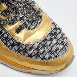 Chanel Gold/Grey Leather and Tweed CC Low Top Sneakers Size 41.5