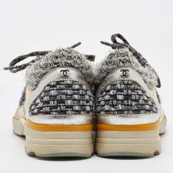 Chanel Gold/Grey Leather and Tweed CC Low Top Sneakers Size 41.5