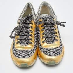 Chanel Gold/Grey Leather and Tweed CC Low Top Sneakers Size 41.5
