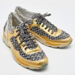 Chanel Gold/Grey Leather and Tweed CC Low Top Sneakers Size 41.5