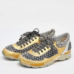 Chanel Gold/Grey Leather and Tweed CC Low Top Sneakers Size 41.5