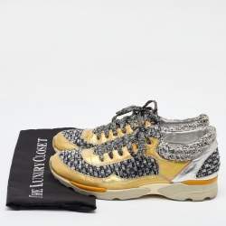 Chanel Gold/Grey Leather and Tweed CC Low Top Sneakers Size 41.5
