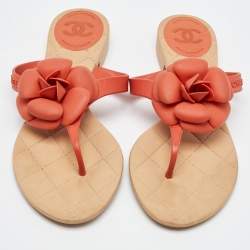 Chanel Orange Rubber Camellia Flat Thong Sandals Size 40