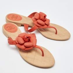 Chanel Orange Rubber Camellia Flat Thong Sandals Size 40