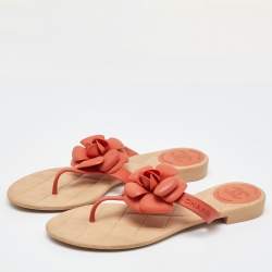 Chanel Orange Rubber Camellia Flat Thong Sandals Size 40