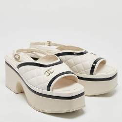 Chanel White/Black Leather and Patent Leather Slingback Sandals Size 37