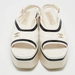 Chanel White/Black Leather and Patent Leather Slingback Sandals Size 37