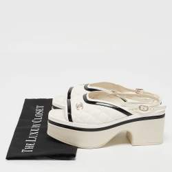 Chanel White/Black Leather and Patent Leather Slingback Sandals Size 37