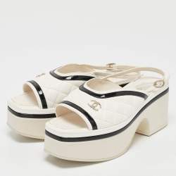 Chanel White/Black Leather and Patent Leather Slingback Sandals Size 37