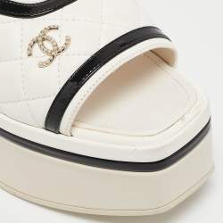 Chanel White/Black Leather and Patent Leather Slingback Sandals Size 37