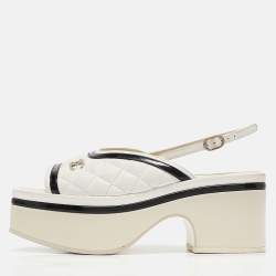 Chanel White/Black Leather and Patent Leather Slingback Sandals Size 37